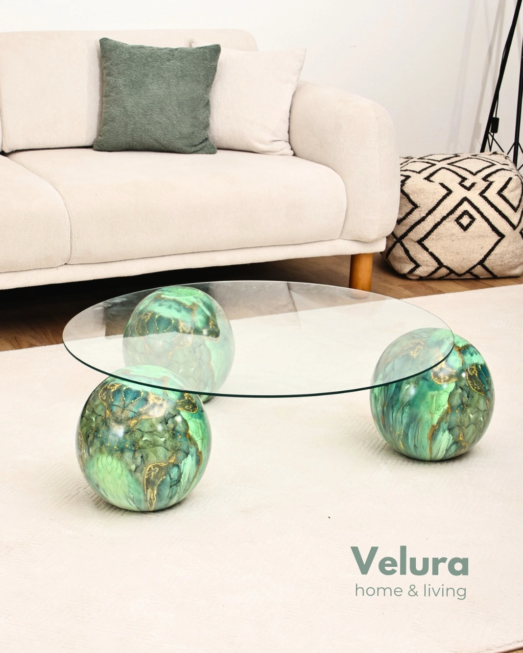 Modern Orta Sehpa & Top Sehpa Cam Sehpa & Küre Orta Sehpa - Jungle - Yuvarlak - Şeffaf Cam Çok Renkli