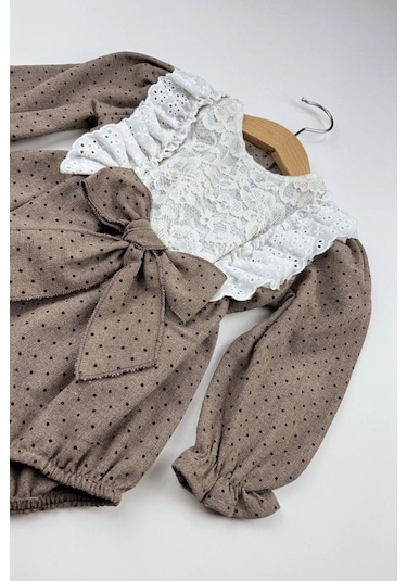 Kız Bebek Dantel Ve Kurdele Detaylı Tulum Kahverengi