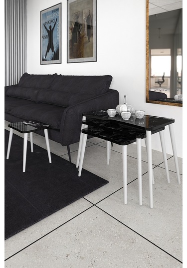 Selen 4lü Zigon Sehpa Ahşap Beyaz Ayaklı Salon Seti Çay Sehpası Siyah Mermer