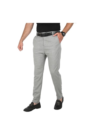 Deepsea Erkek Gri İtalyan Kesim Tüylenmez Likralı Spor Pantolon Esnek Kumaş Bilek Boy Boru Paça Klasik Pantolon 2502005 Gri