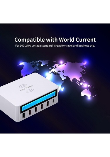 Fortunelane 6 Portlu Usb Şarj Aleti - Qc3.0, Kablosuz 10w, Lcd Ekran, Güvenlikli Taşınabilir Şarj, 40w Toplam Güç