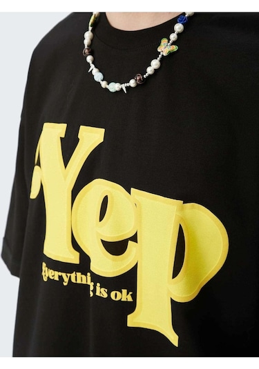 Erkek Siyah Oversize Yep Baskılı T-shirt Siyah