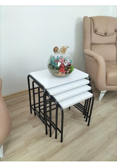 Evko Mobilya Buket Sehpa, 4'lü Zigon Sehpa, Dörtlü, Siyah-beyaz