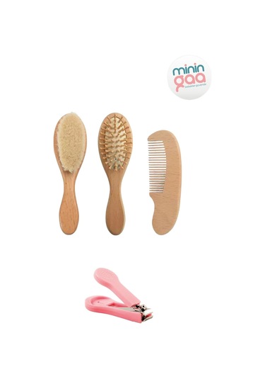 3'lü Set Ahşap Bebek Fırça Ve Masaj Tarak Seti Ve Sarı Renk Tırnak Makası