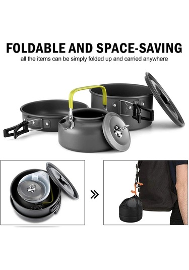 Tcherchi 3 Parça Set Kamp Tencere Seti Açık Pişirme Seti Su Isıtıcısı Tava Pot Sofra Ekipmanları Siyah - Turuncu Siyah