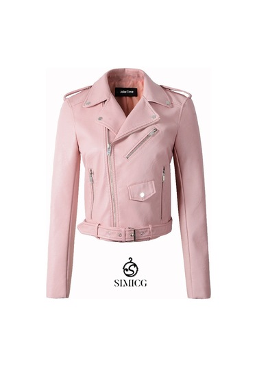 Kadınlar İçin Eğik Fermuarlı Günlük Kısa Deri Ceket Pembe