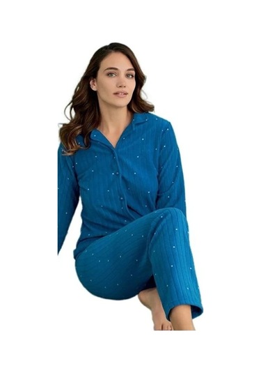 Minel Collection Kadın Pijama Takımı Uzun Kollu Yumuşak Dokulu Es Saks Mav