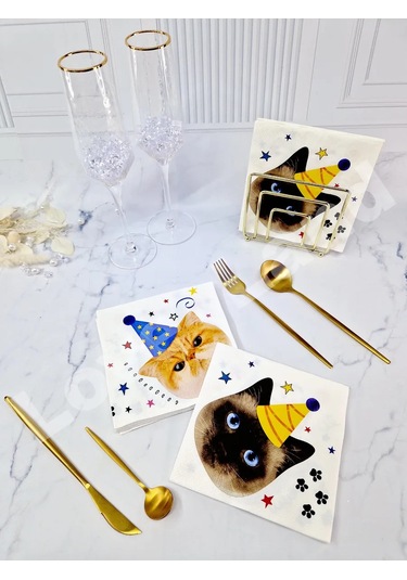 Love Land Kedi Desenli Kutlamalar İçin Kağıt Peçeteler 33x33 Cm 20'li 372030235 Beyaz