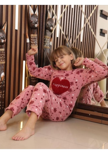 Fames Pijama Happiness Çocuk Polar Kışlık Pijama Takımı. 5-6-7-8-9-10 Yaş Pembe