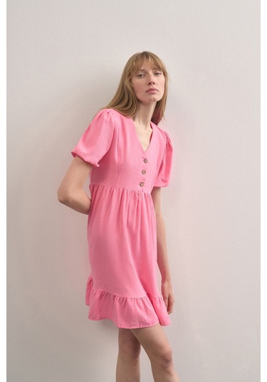 Mathilda Store Kadın V Yaka Linen Elbise