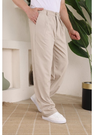 Erkek Beli Lastikli Pileli Baggy Pantolon Bej