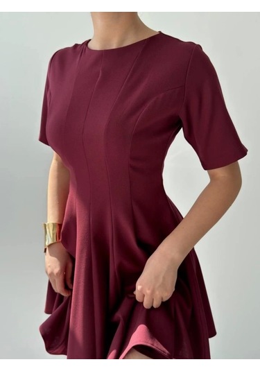 Crem Pliseli Elbise Bordo