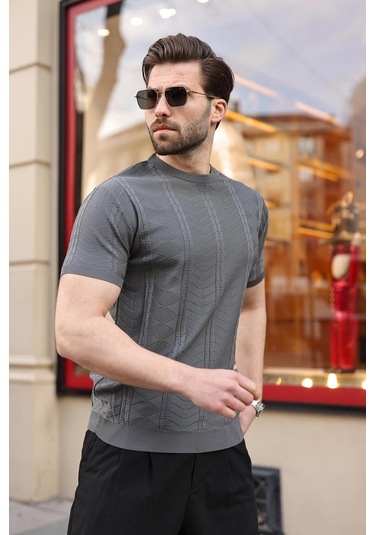 Antrasit Bisiklet Yaka Slim Fit Triko Erkek Tişört E7466