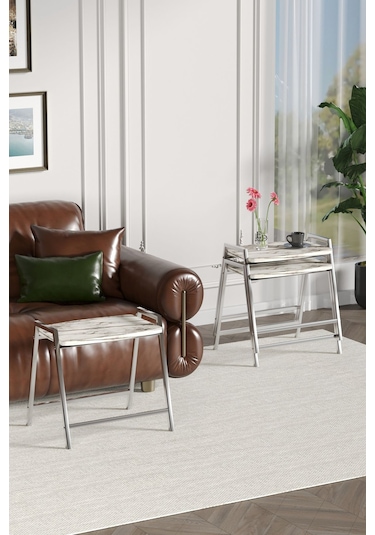 Zigon Sehpa , Aden 3'lü Tepsi Zigon Sehpa Takımı Gümüş Metal - Beyaz Mermer Tabla Gümüş-beyaz Mermer