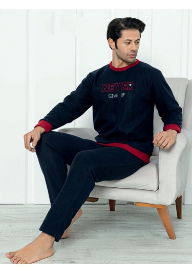 Falkom 7203 Yazılı Nakışlı Polar Kışlık Erkek Pijama Takımı Uyku Takımı Lacivert
