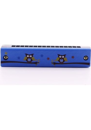 1 Adet Ahşap Mızıka 16 Delikli Çift Sıralı Mavi Desenli Çocuk Mızıka 