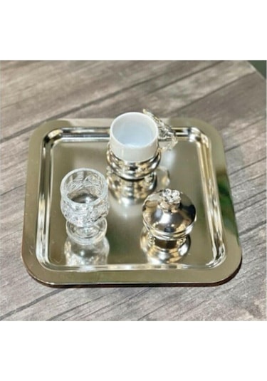 Abant 6'lı Lüx Kare Paslanmaz Çelik Gümüş Renk 21x21cm Kahve Servis Sunum Tepsisi&tabağı