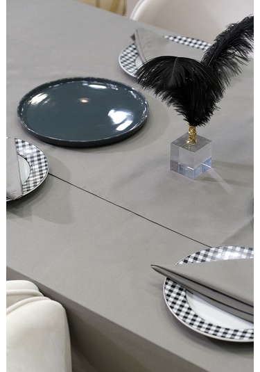 Dream 8 Parça Masa Örtüsü Seti Çeyiz Seti Salon Masa Örtüsü, Runner, 6'lı Peçete Antrasit Gri