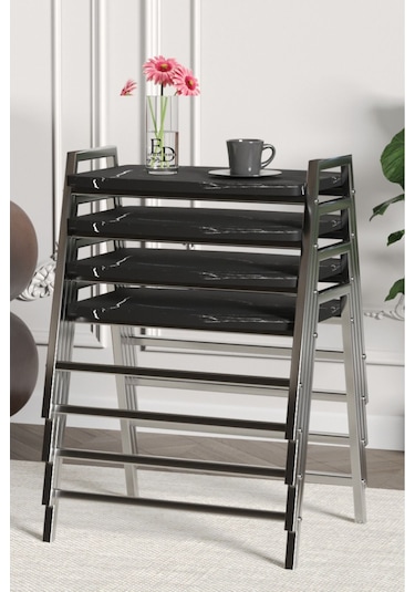 Zigon Sehpa , Aden 4'lü Tepsi Zigon Sehpa Takımı Gümüş Metal - Siyah Mermer Tabla Gümüş-siyah Mermer