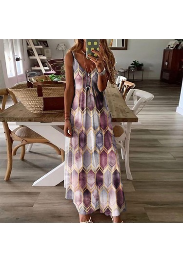 Mor Kadın Etek Yaz Gündelik Baskı Yular Tank Elbise Uzun Elbise Mor