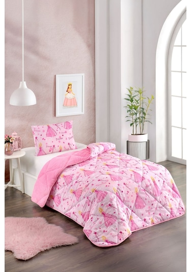 Renkli Desenli Battal Boy Yorgan Peluş Çift Taraflı Yastık Kılıflı Çarşafsız Kız Çocuk Toz Pembe