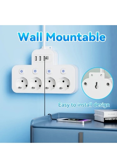 Xuweiwei Siyah Kısa Kablo 1.5m 3m Seçenekleri Avrupa Güç Prizi 4 Ac Çıkış 3 Usb 1 Type-c Portu Aşırı Yük Koruması Duvar Montajı Seyahat Ev Kullanımı