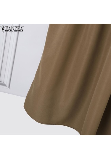 Zanzea Yaz Kadın Yüksek Bel Pileli Düz Renk Bol A Kesim Etek Kahverengi