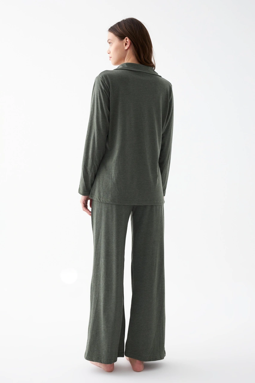 Akbeniz Kadın Haki Düğmeli Pamuklu Pijama Takımı Haki