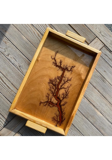 Lichtenberg Desenli Epoksi Ahşap Sunum Tepsisi 30x45