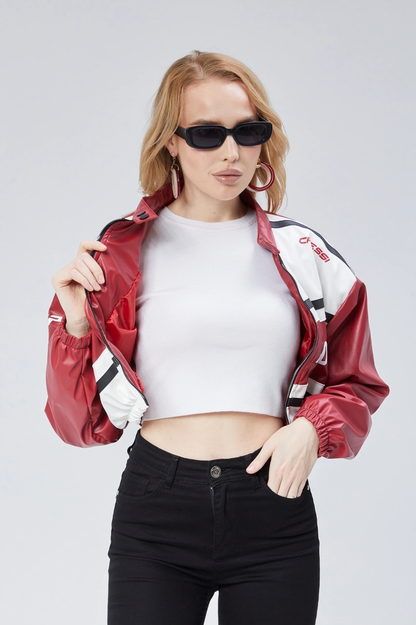 Kadın Deri Baskılı Şeritli Ceket Beli Ve Kolu Lastikli Kolej Hakim Yaka Bomber Yarışçı Motorcu Mont Kırmızı