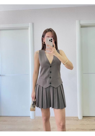 Keten Takım Görünümlü Düğme Detaylı Yelekli Mini Elbise - Füme Füme