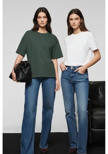 Soft&Basic Kadın 2'li %100 Organik Pamuk Oversize Fit Basic Yuvarlak Yaka T-shirt Haki-beyaz