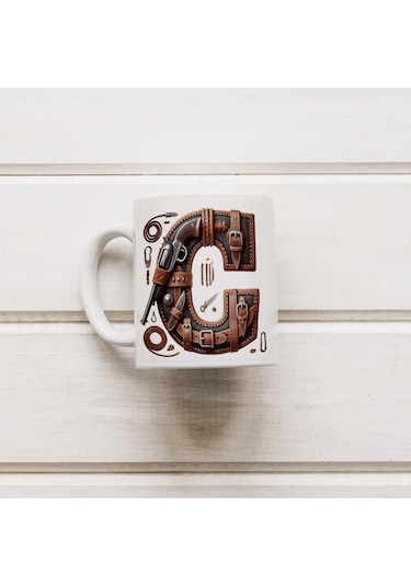 C Harfi Kovboy Temalı Bardak 330 Ml İsim / Harf Kişiye Özel Hediye - Vahşi Batı Konsept Beyaz