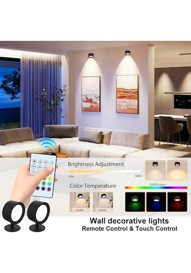 Willowhaven Black- 2 Adet Duvar Lambası, 360 Dönebilir Kablosuz Led, Uzaktan Kumandalı Rgb+2 Renk, Zamanlayıcı, Dimlenebilir, Usb Şarjlı, Dekoratif Aydınlatma