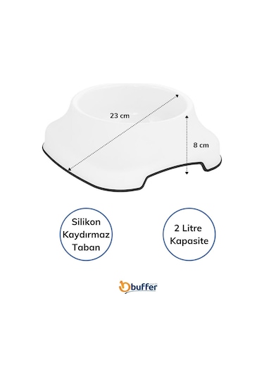 Buffer Silikon Kaydırmaz Taban Plastik Kedi Köpek Mama ve Su Kabı 2 L