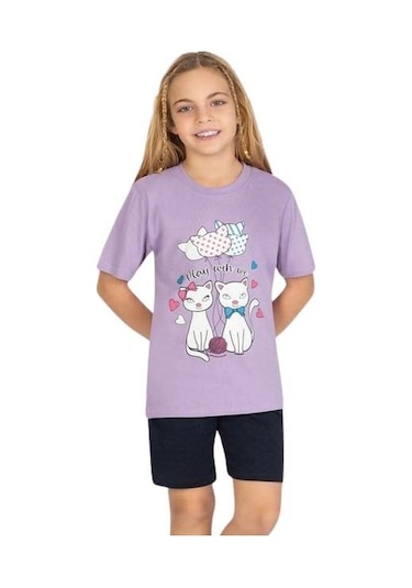 Kedili Kısa Kollu Kız Çocuk Pijama Takım Mor