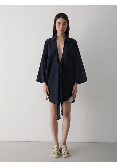 Lacivert Flam Keten Kimono Gömlek Lacivert