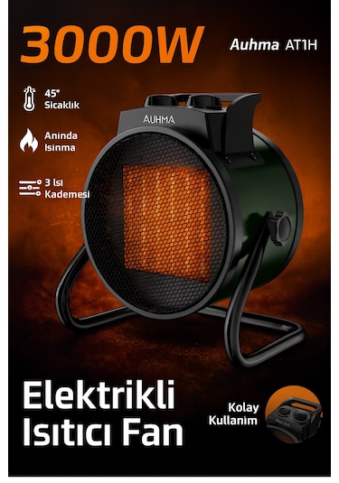Auhma At1h Elektrikli Isıtıcı Fan Yeşil 3000w Hızlı Isınma, 3 Kademeli Ayar, Sessiz Ptc Isıtma Tek