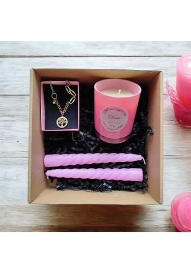 Denic Hediye Seti Kokulu Pembe Bardak Mum Yaşam Agacı Kolye Burgulu Mum