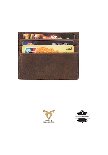 Orijinal Hakiki Deri Süper Ince Model Unisex Kartlık Kartvizitlik Portföy Otomatik Kartlık Hediyeli Kahverengi