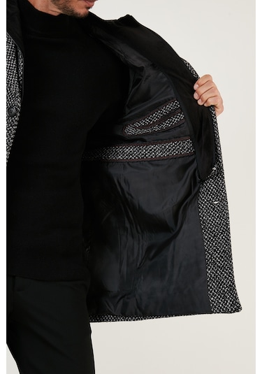 Buratti Çıkarılabilir Kapüşonlu Kırçıllı Slim Fit Kaşe Erkek Kaban 5841013 Siyah Noktalı