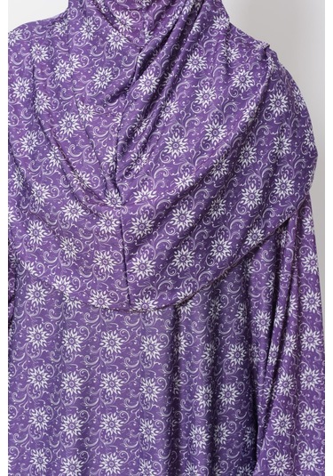 Pratik Tek Parça Güneş Desenli Kollu Tak Çıkar Başörtülü Likralı Tesettür Namaz Elbisesi 990-0302 Mor Antrasit