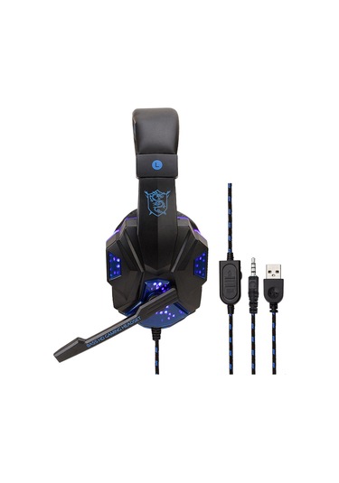 Youtek Sy830mv Oyuncu Kulaklığı: Ayarlanabilir Mikrofon, Ses Kontrolü, Işıklı, Aux+usb, Siyah-mavi