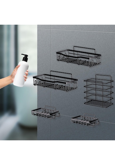 Homyl Duş Rafı Banyo Depolama Sepeti 5 Adet Basit Duvara Monte Siyah