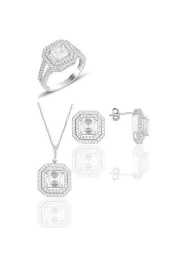 Gümüş Rodyumlu Özel Tasarım Baget Kesim Zirkon Taşlı Üçlü Set