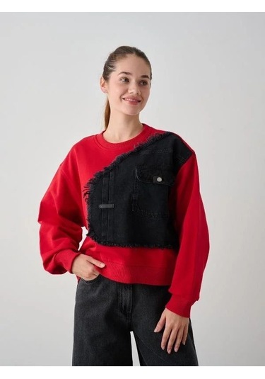 Kız Çocuk Mevsimlik Önü Denim Garni Cepli 3 İplik Sweatshirt-14773 Kırmızı