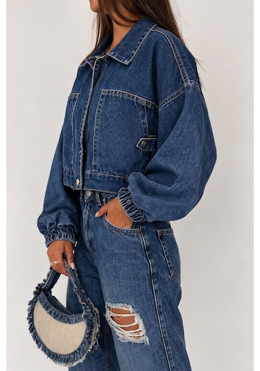 Noa & Noa Kadın Açık Mavi Kısa Denim Ceket Elastik Manşetli Crop Model Lacivert