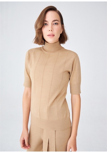 Peraluna Balıkçı Yaka Kısa Kollu Basic Kadın Triko Bluz Camel-Camel