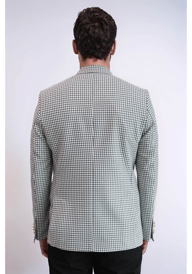 Açık Gri Kazayağı Desenli Gold Renk Metal Düğmeli Slim Fit Erkek Blazer Ceket - Wessi Grey