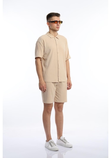 Polo State Erkek Crinkle Kumaş Gömlek - Şort Takım - Bej